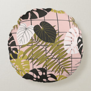 Tropical palm leaves, stylish summer. round cushion