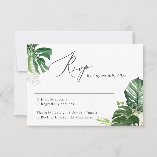 Tropical Palm Leaves Summer Greenery Wedding RSVP Card (Front)