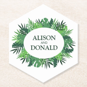 Tropical palm leaves summer jungle names paper coaster