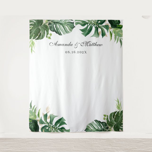 Tropical Palm Leaves Summer Wedding Backdrop Tapestry (Front)