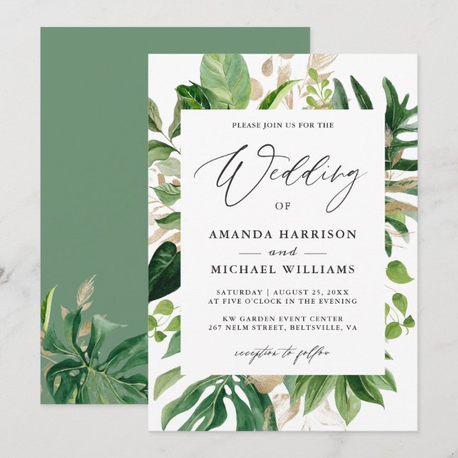 Tropical Palm Leaves Summer Wedding Invitation (Front/Back)
