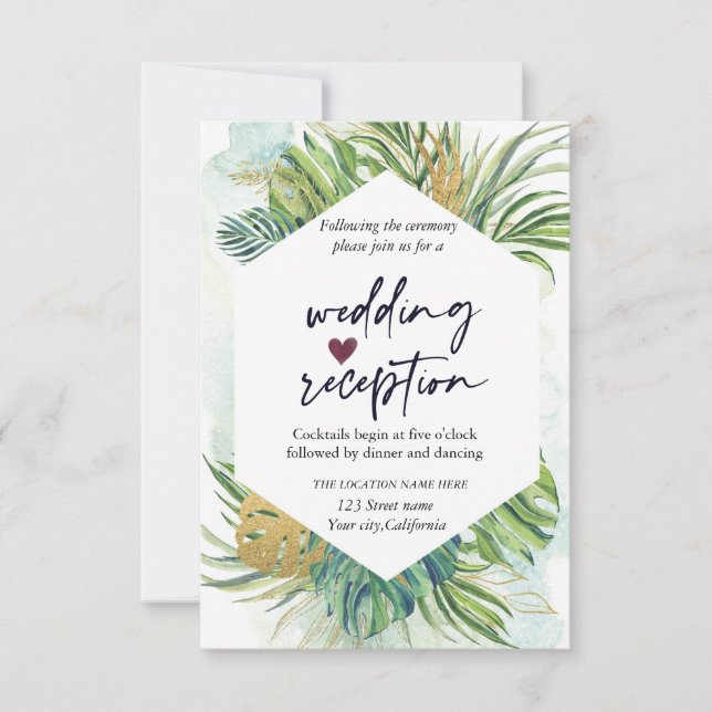 Tropical Palm Leaves Summer Wedding Reception  Invitation (Front)