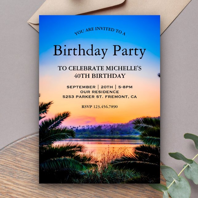 Tropical Palm Leaves Sunset Birthday Party Invitation (Creator Uploaded)