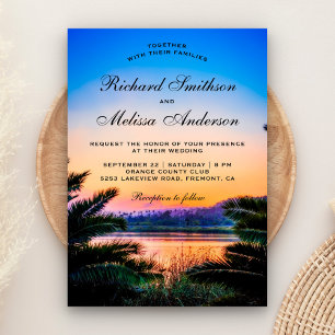 Tropical Palm Leaves Sunset Wedding Invitation