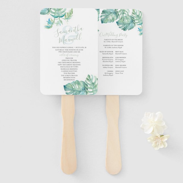 Tropical Palm Leaves Watercolor Wedding Hand Fan (Front and Back)