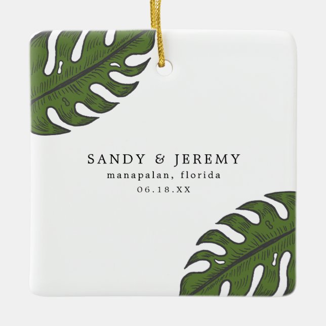 Tropical Palm Leaves Wedding Photo Ceramic Ornament (Front)