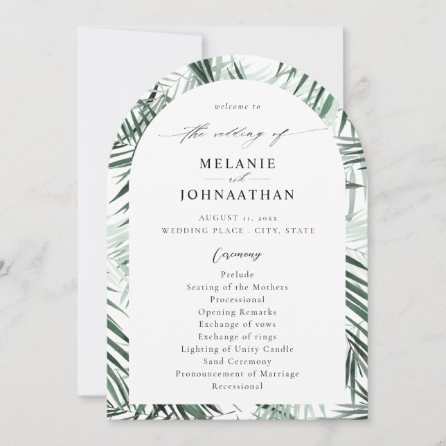 Tropical Palm Leaves Wedding Program Arc Invitation (Front)