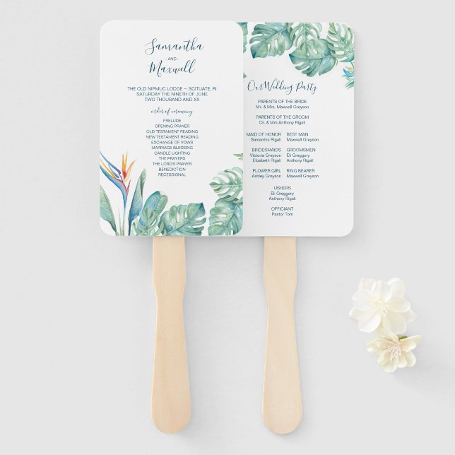 Tropical Palm Leaves Wedding Program Fan (Front and Back)