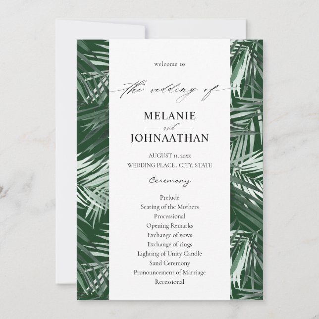 Tropical Palm Leaves Wedding Program - Green Invitation (Front)