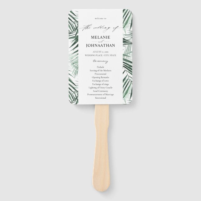 Tropical Palm Leaves Wedding Program Hand Fan (Front)