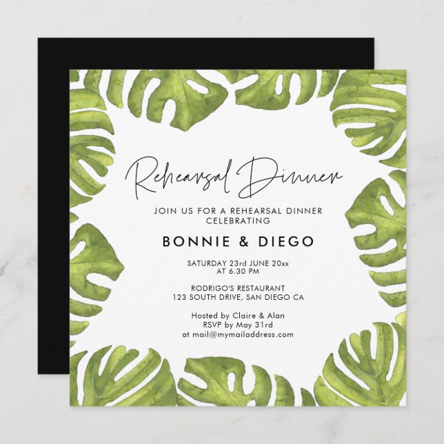 Tropical palm leaves wedding rehearsal dinner invitation (Front/Back)