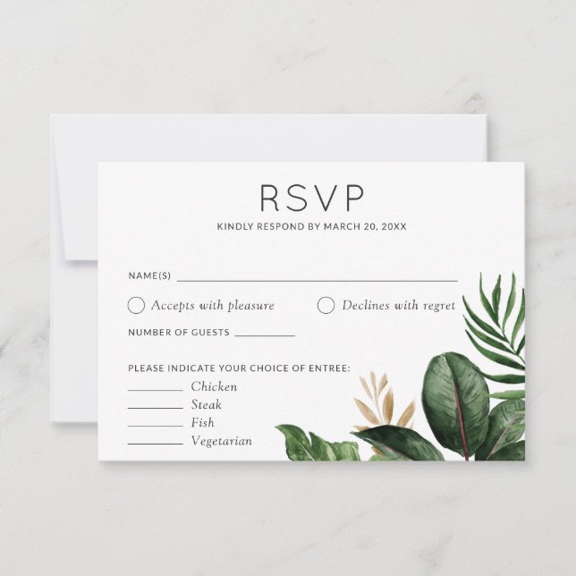 Tropical Palm Leaves Wedding RSVP Food Options Inv Invitation (Front)