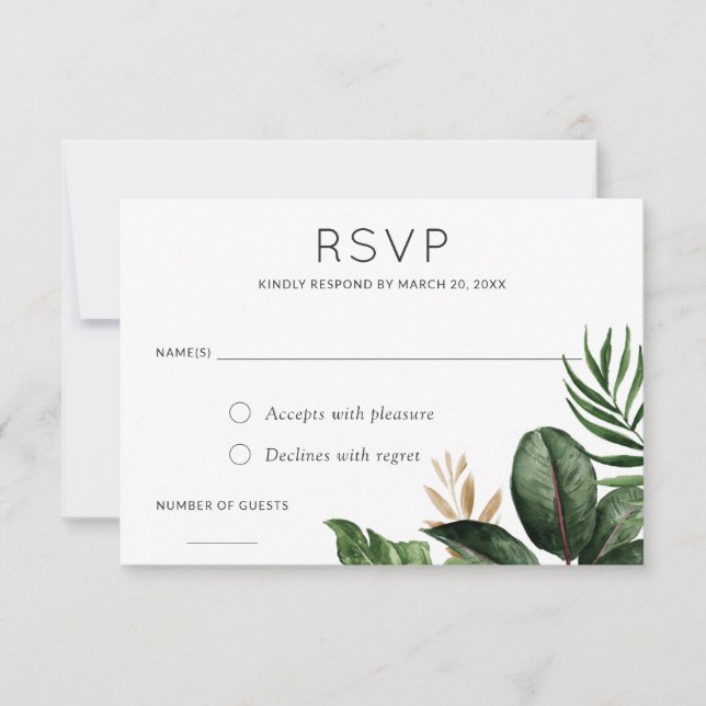 Tropical Palm Leaves Wedding RSVP Respond Card (Front)