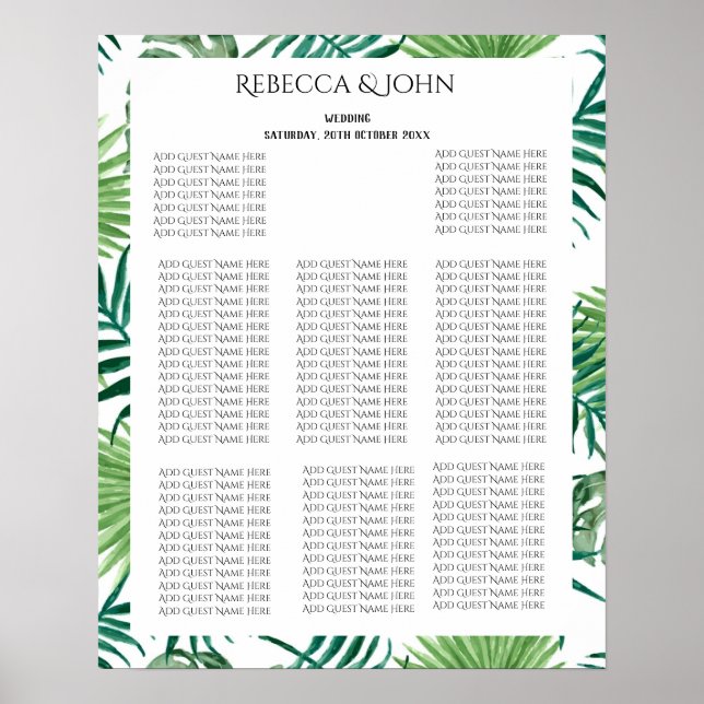 Tropical Palm Leaves Wedding Seating Chart (Front)