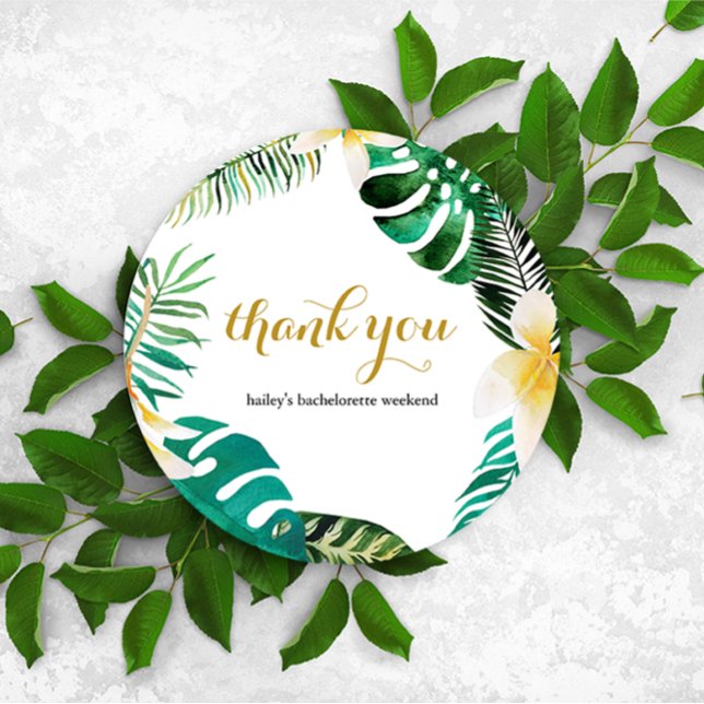 Tropical Palm Leaves Wreath Thank You Message (Chic tropical palm leaves bachelorette weekend circle thank you card for guests.)