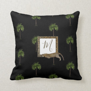Tropical Palm Leopard Print Wild Black Monogram Cushion