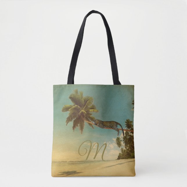 Tropical Palm Leopard Vintage Elegant Monogram Tote Bag (Front)