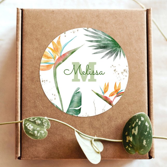 Tropical Palm Modern Monogram Script Gold Glitter Classic Round Sticker (Creator Uploaded)