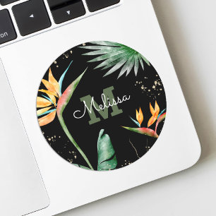 Tropical Palm Monogram Script Gold Glitter Black Classic Round Sticker