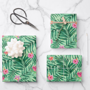 Tropical Palm & Monstera Leaves & Exotic Flowers Wrapping Paper Sheet