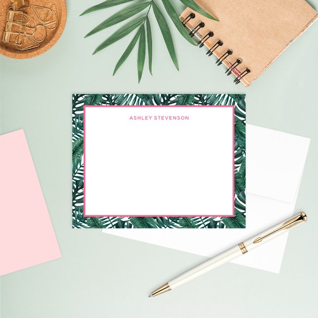 Tropical Palm Monstera Leaves Pink Custom Name Card (Creator Uploaded)
