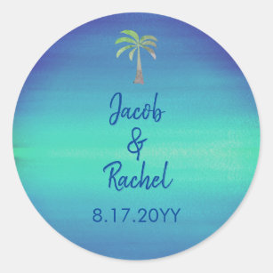 Tropical Palm Muted Blue Green Beach Ocean Wedding Classic Round Sticker
