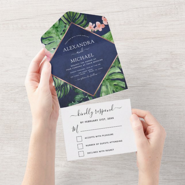 Tropical Palm Navy Blue Rose Gold Wedding RSVP All In One Invitation (Tearaway)
