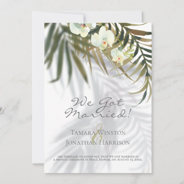 Tropical Palm & Orchid Shadows Beach Just Married Invitation (Front)
