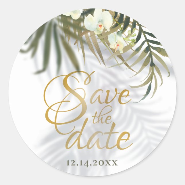 Tropical Palm & Orchid Shadows Gold Save The Date Classic Round Sticker (Front)