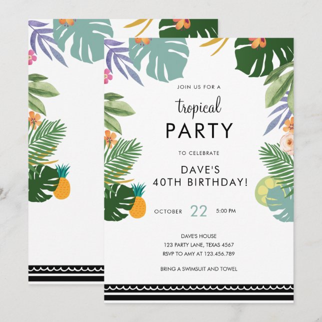 Tropical Palm Party Luau Adult Hawaiian Birthday Invitation (Front/Back)