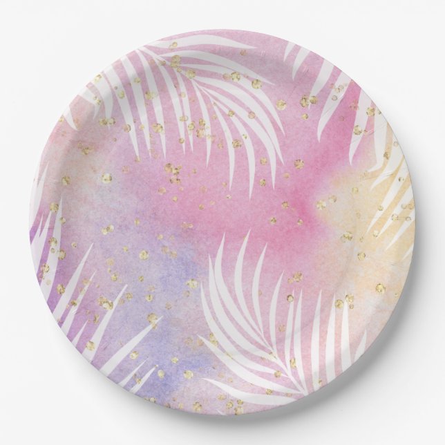 Tropical Palm Pastel Rainbow Pool Party  Paper Plate (Front)