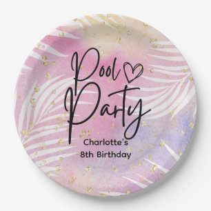 Tropical Palm Pastel Rainbow Pool Party  Paper Plate