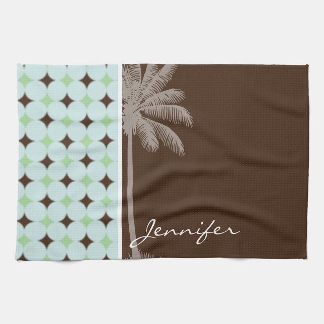 Tropical Palm; Sage Green & Brown Tea Towel (Horizontal)