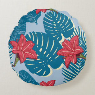 Tropical Palm seamless leaf blue pattern Round Cushion