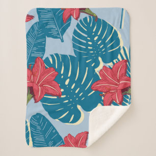Tropical Palm seamless leaf blue pattern Sherpa Blanket