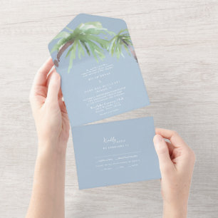 Tropical Palm Sky Blue Wedding All In One Invitation