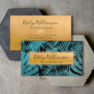Tropical palm teal gold elegant script typography business card