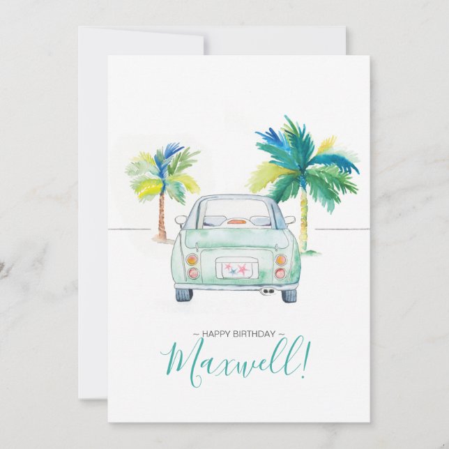 Tropical Palm Tree and Car Watercolor Birthday Car Card (Front)