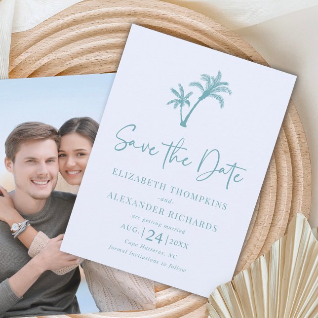 Tropical Palm Tree Aqua Blue Beach Wedding Save The Date (Creator Uploaded)