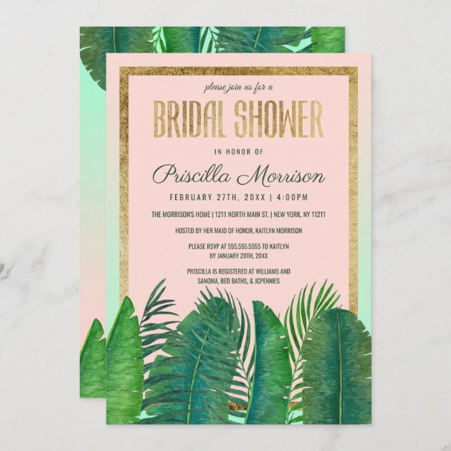 Tropical Palm Tree Banana Leaf Gold Bridal Shower Invitation (Front/Back)