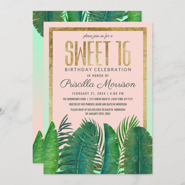 Tropical Palm Tree Banana Leaf Gold Sweet 16 Invitation (Front/Back)