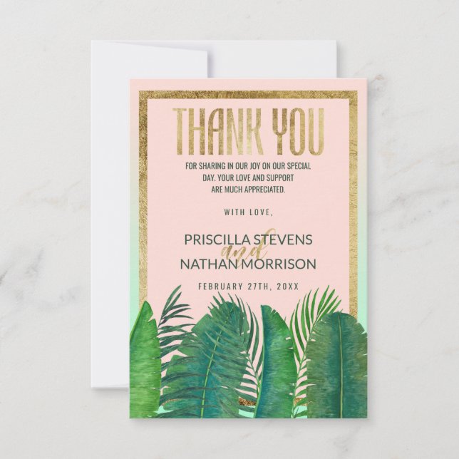 Tropical Palm Tree Banana Leaf Gold Wedding Thank You Card (Front)