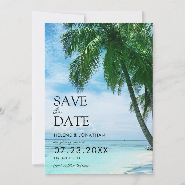 Tropical Palm Tree Beach Destination Wedding Save The Date (Front)