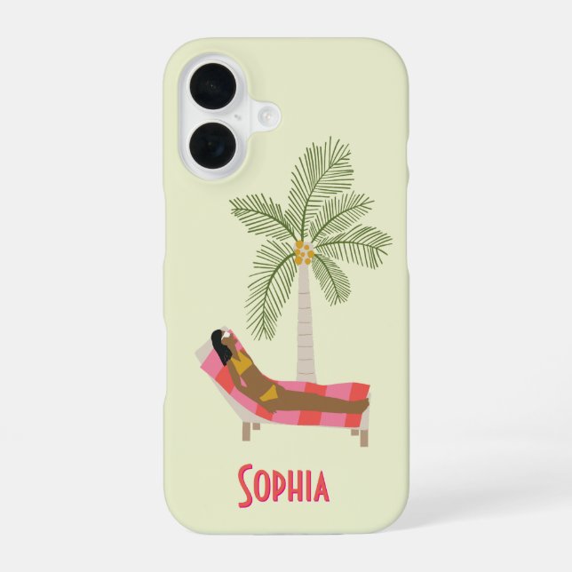 Tropical Palm Tree Beach Girl Personalised Name iPhone 16 Case (Back)