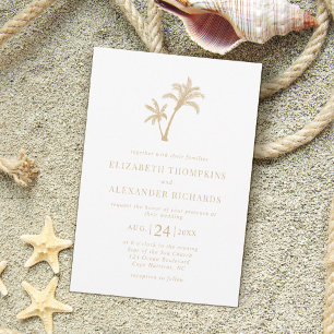 Tropical Palm Tree Beach Sand Beige Wedding Invitation