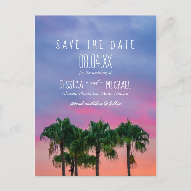 Tropical Palm Tree Beach Sunset Save the Dates Announcement Postcard (Front)