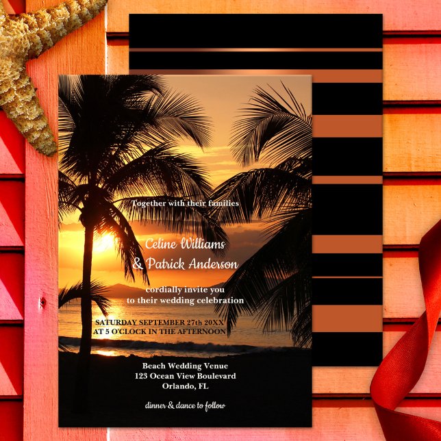 Tropical Palm Tree Beach Sunset Wedding Invitation (Wedding invitation featuring a sunset at a tropical beach with palm trees)
