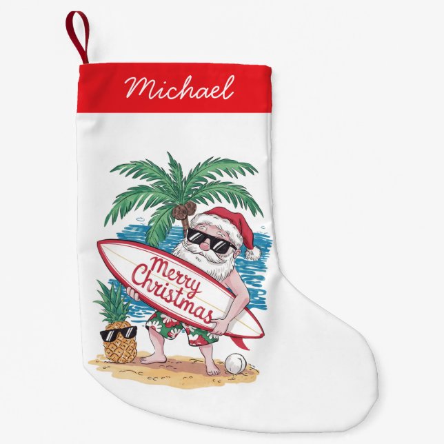 Tropical Palm Tree Beach Surfing Santa   Small Christmas Stocking (Front)