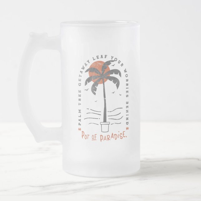 Tropical Palm Tree Beach Vibes Summer Sun Retro Frosted Glass Beer Mug (Left)