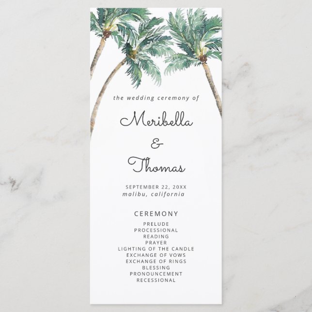 Tropical Palm Tree Beach Watercolor Wedding  Programme (Front)